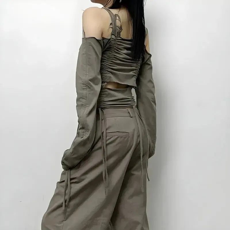 Y2K Long Sleeve Open Shoulder Top with Adjustable Ruched Design