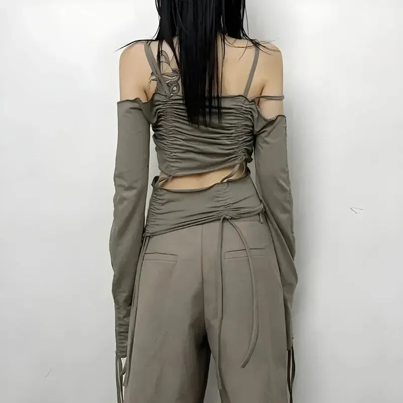 Y2K Long Sleeve Open Shoulder Top with Adjustable Ruched Design