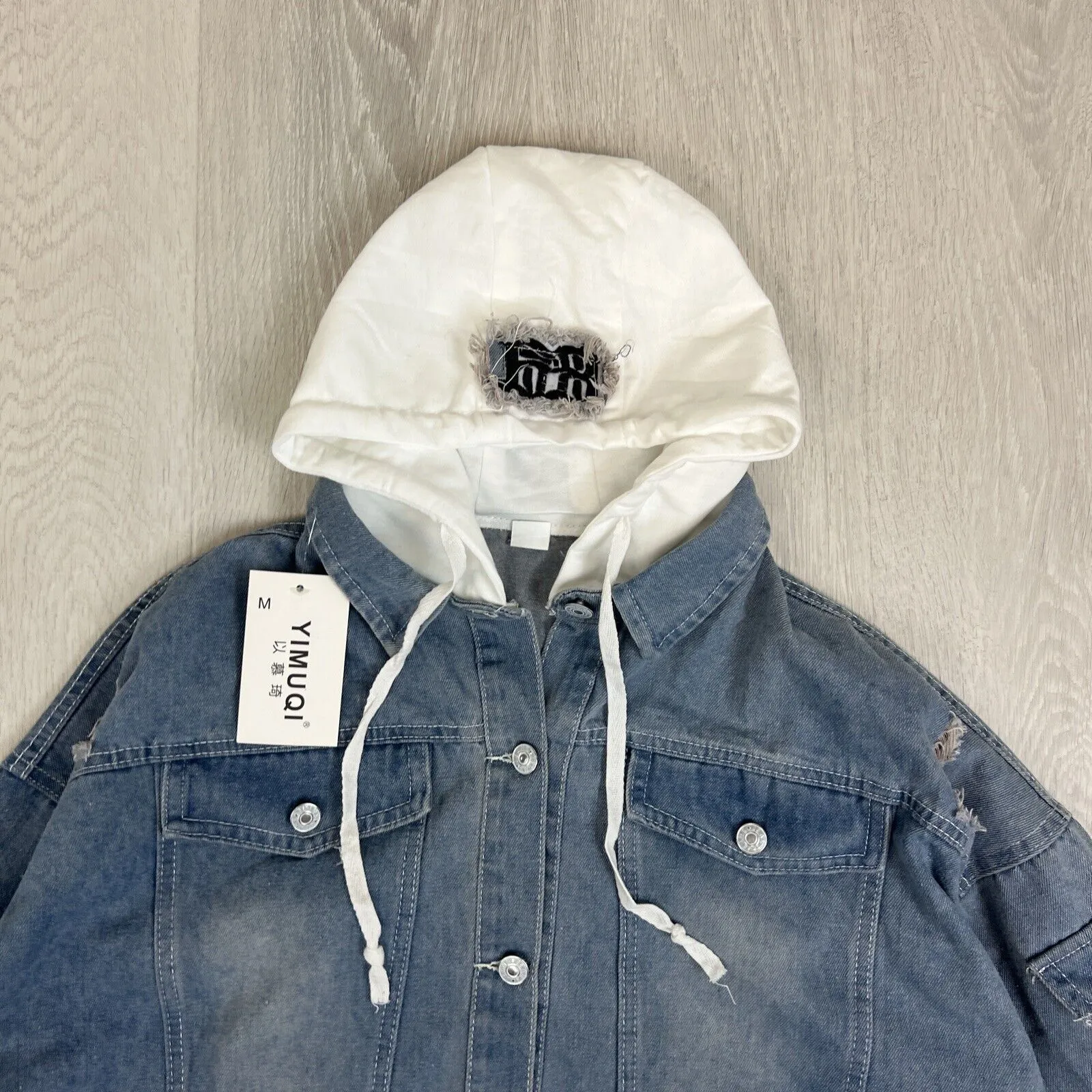 Yimuqi Mens Under Hoodie Distressed Denim Biker Jacket Size Medium (New)