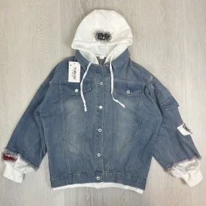 Yimuqi Mens Under Hoodie Distressed Denim Biker Jacket Size Medium (New)