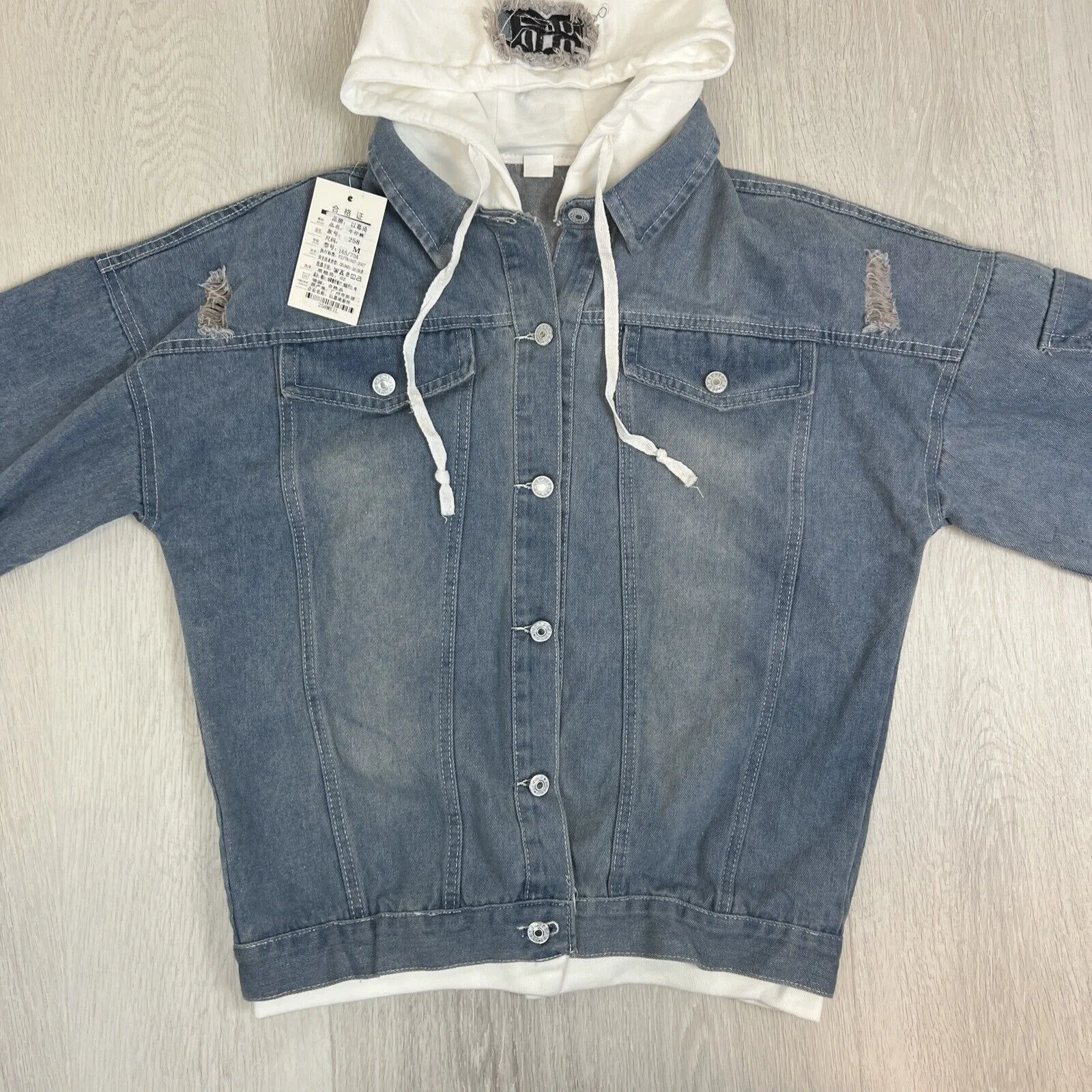 Yimuqi Mens Under Hoodie Distressed Denim Biker Jacket Size Medium (New)