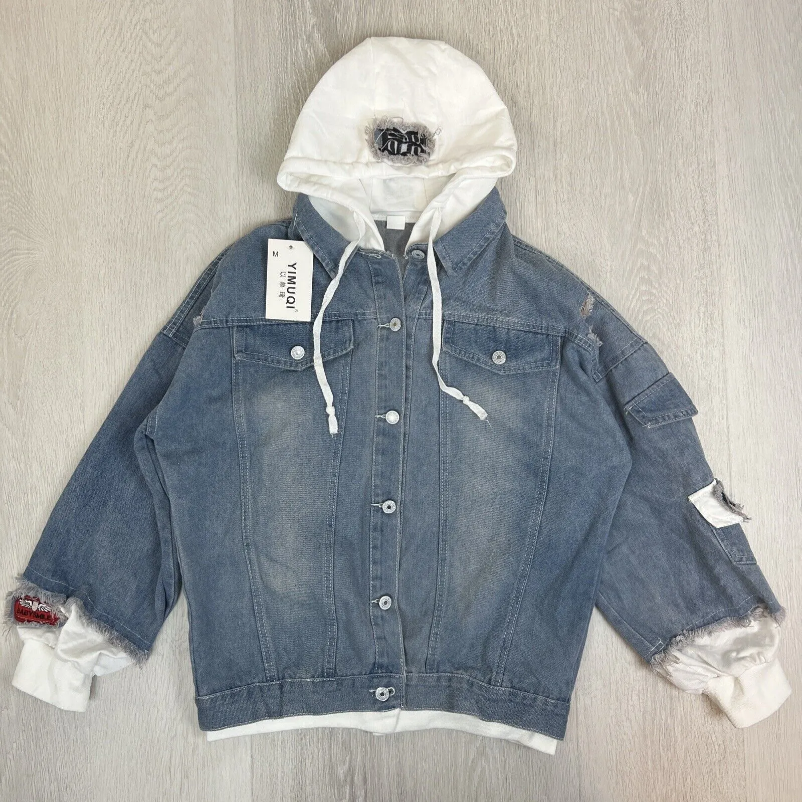 Yimuqi Mens Under Hoodie Distressed Denim Biker Jacket Size Medium (New)